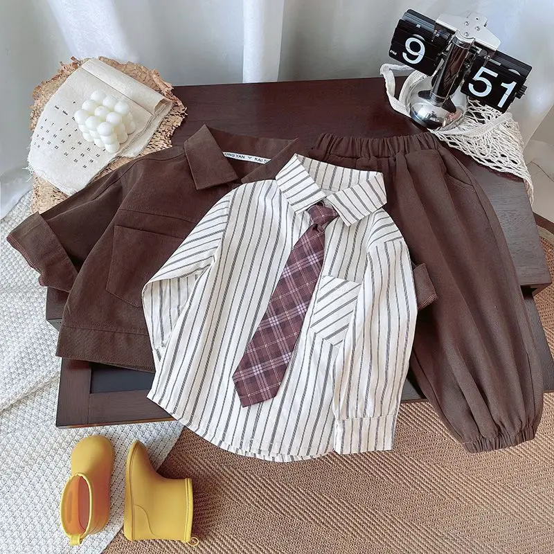 Boys 2026 Spring Autumn Set New England Baby kid Long Sleeve Coat+Striped Shirt+Pants+Tie College Style Four Piece Set outfits