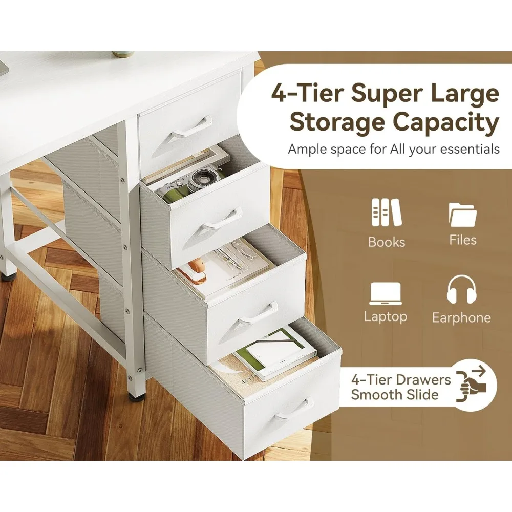 40 Inch Small White Computer Desk with 4 Fabric Drawers, Modern Writing PC Desk for Small Spaces, Home Office Study Table with