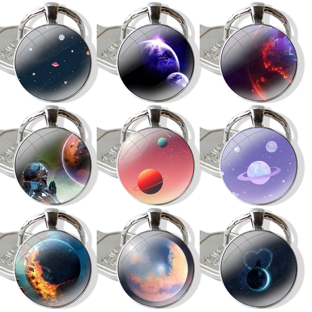 sky Space planet Keychain Handmade Glass Cabochon Key Ring Holder Pendant Key Chains