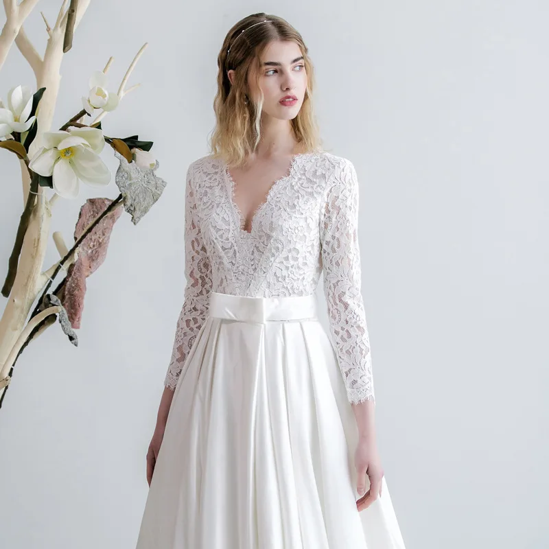 Robe de Mariée en Dentelle Blanche, Col en V, Élégante, Longue Tenue de Bal, de Soirée, Formelle, Éducative, pour Femme