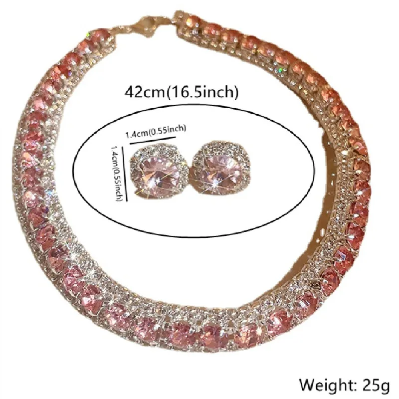 FYUAN Luxury Crystal Necklace Earrings Set Pink ABcolourful Necklace for Women Weddings Party Jewelry Sets Accessories