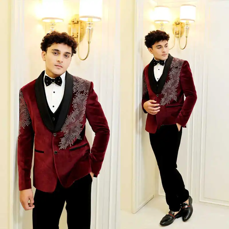 

Stylish Groom Wedding Tuxedo Shawl Lapel 2 Pieces Jacket Sets Crystals Beaded Formal Party Banquet Dinner Party Custom Made