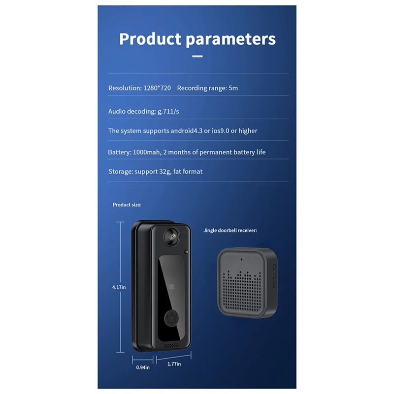 Cámara de timbre CEA WIFI con 125 °   La visión nocturna con vídeo HD gran angular admite almacenamiento en la nube