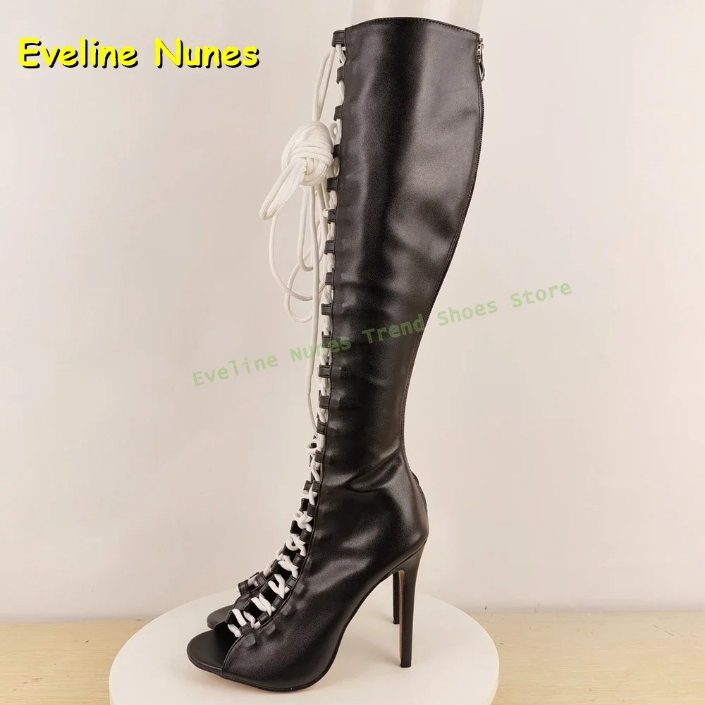 الأبيض والأسود قطع الدانتيل يصل المرأة موضة حذاء برقبة للركبة اللمحة تو الصليب تعادل مثير المصارع 2025 الخريف الشارع نمط الأحذية