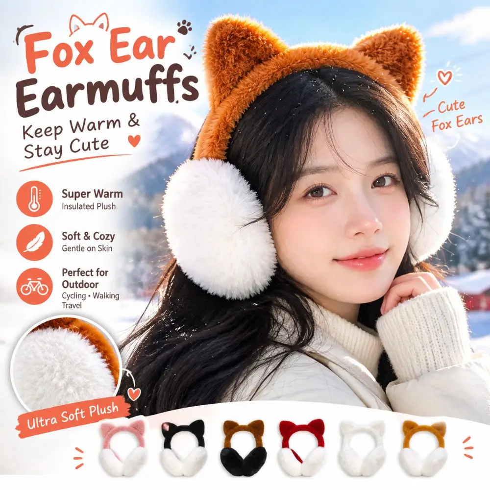 Fashion Cute Fox Ears Design Warm Ear Muffs Foldable Cartoon Pattern Ear Cover Thickened Fox Earmuffs Outdoors