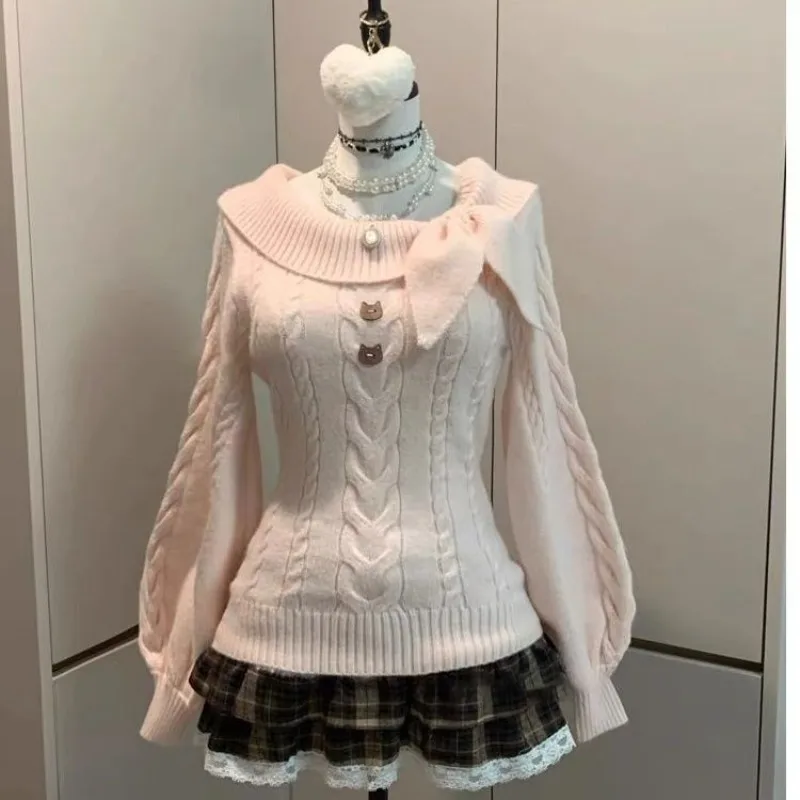 اليابانية الحلو نمط الأرنب الأذن متماسكة سترة كابل متماسكة سليم صالح البلوز المرأة طالب أعلى رمادي وردي متاح Kawaii الأزياء #1