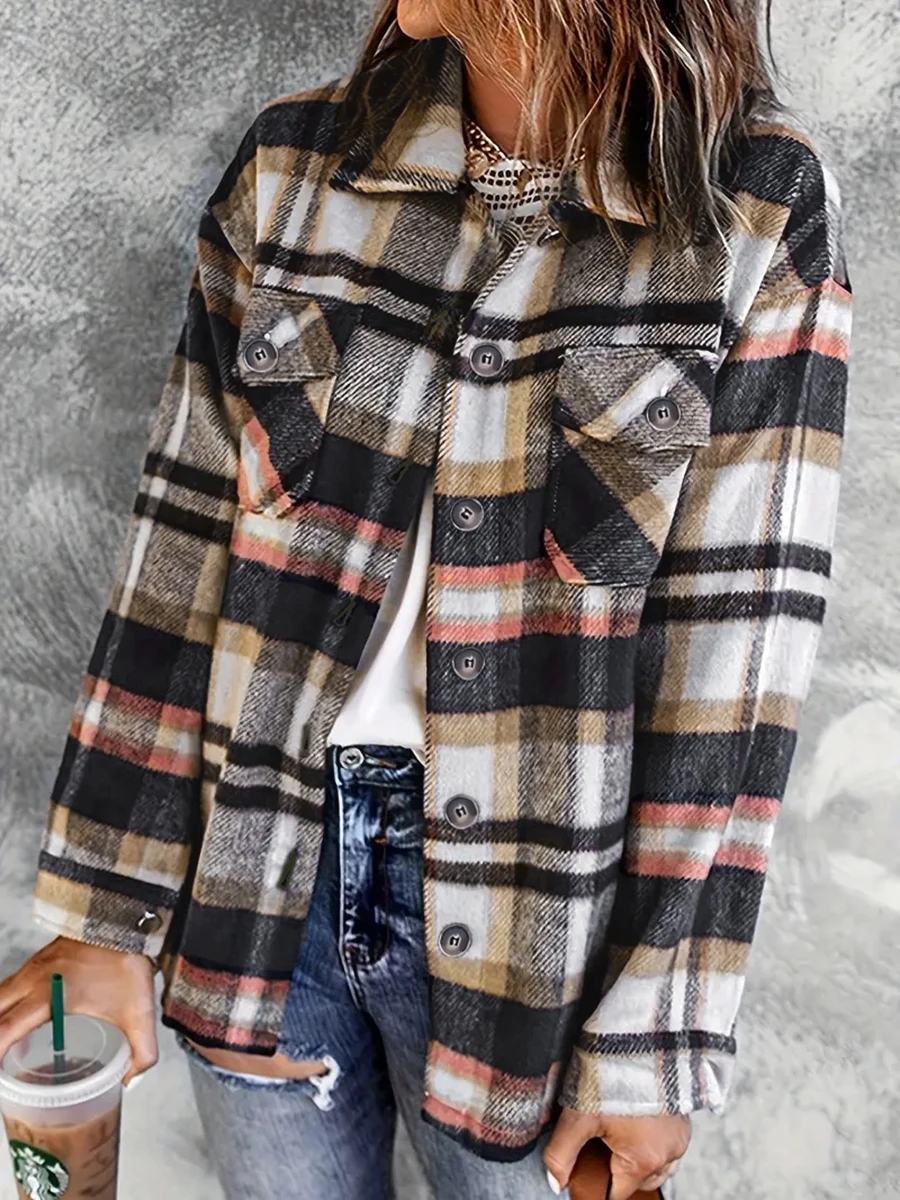 Women Vintage Plaid Shacket Long Sleeve Button Down Shirt Jacket Casual Fall Winter Coat Female Oversized Outerwear Tops