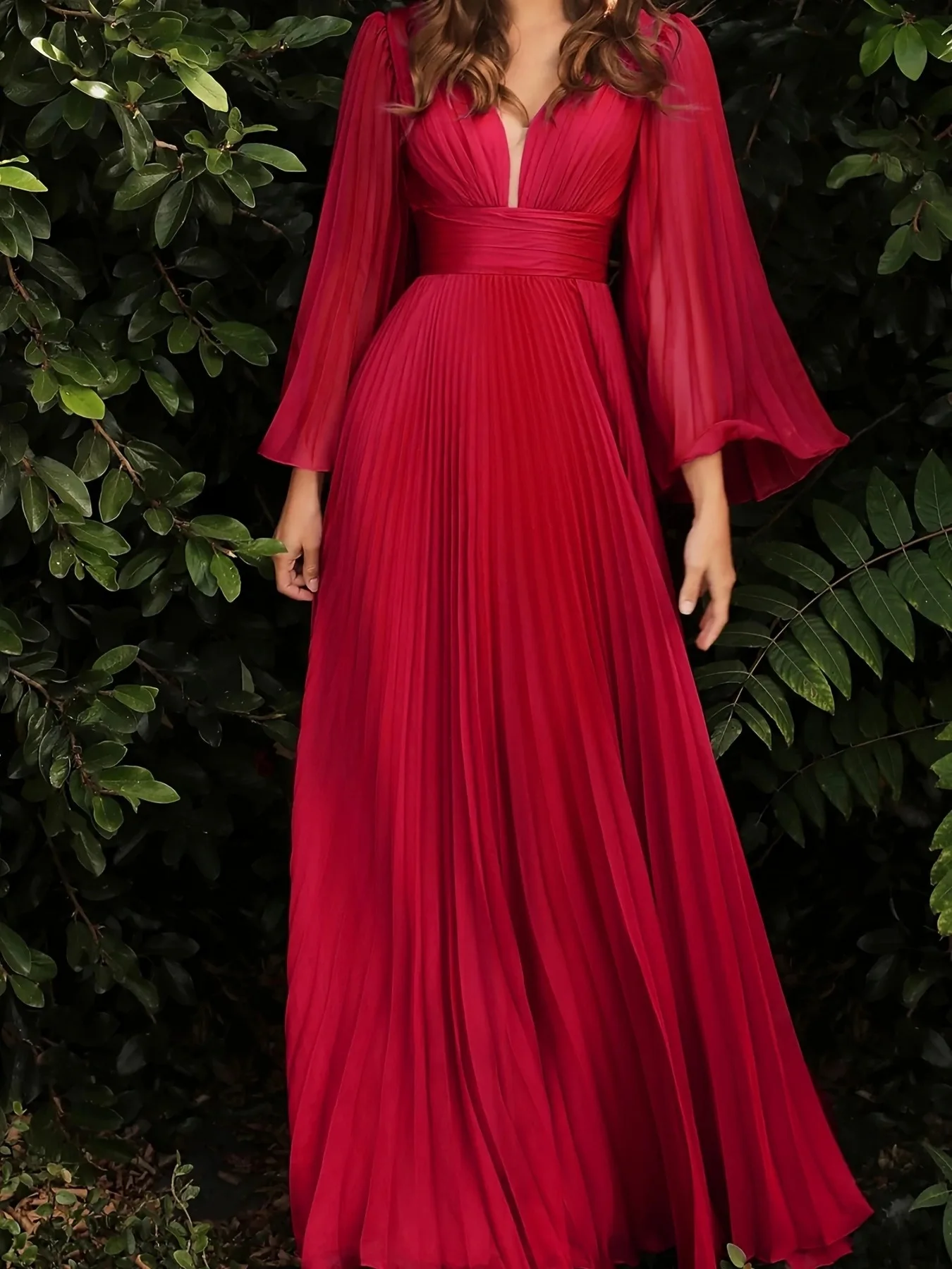 Elegant Solid Color V-neck Flared Long Sleeves Pleated Chiffon Long Plus Size Dress