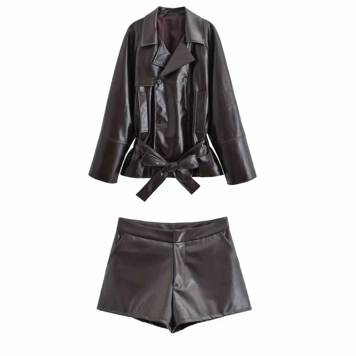 レディース ベルト付きラップコートとショートパンツのセット おしゃれな秋の服装 ヨーロッパスタイルの高品質