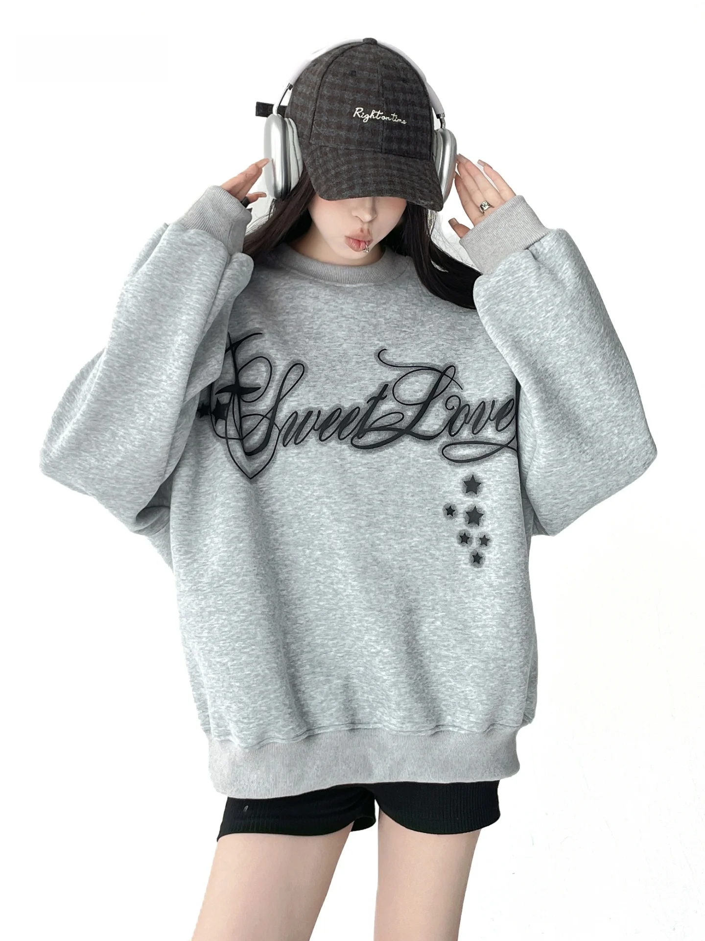 

American Sle Lazy Streetwear Women's Crew Ne Sweatirt Embroidered Casual Top Cotton Polyester Loose Fit Long Sve