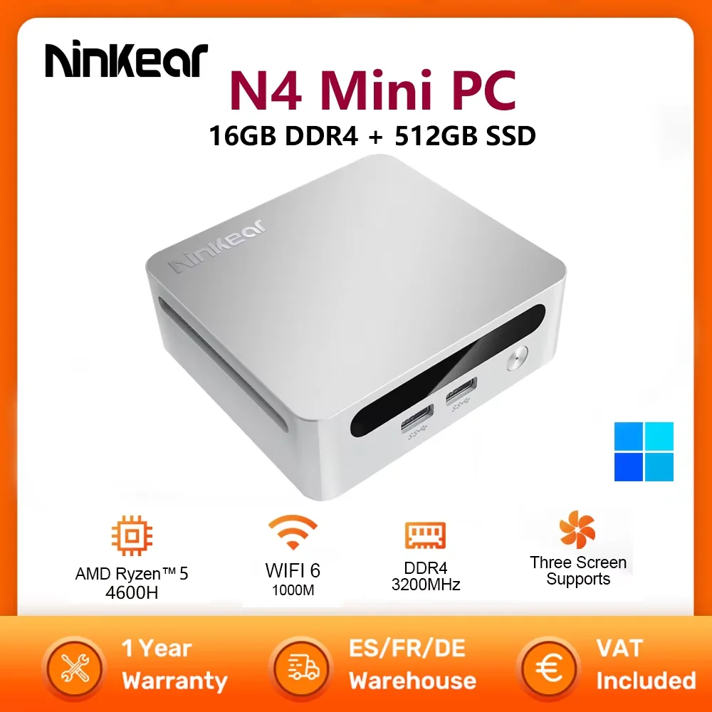 Ninkear N4 MINI PC AMD Ryzen™ 5 4600H Up to 4.2 GHz 16GB DDR4 512GB SSD WiFi 6 BT 5.2 Support 8K 3 Screen Windows 11 Computer