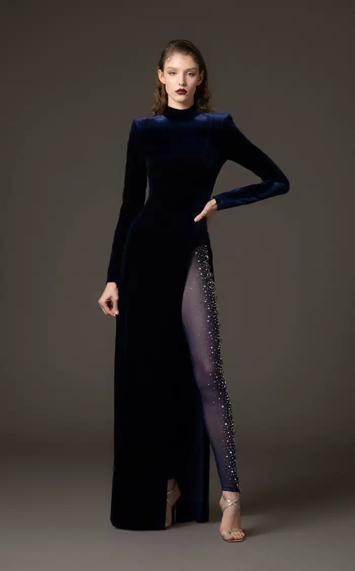

Customized Classic Simple Velour Rhinestone A-line High Collar Long Dresses Bespoke Occasion Dresses High quality Matching Retro