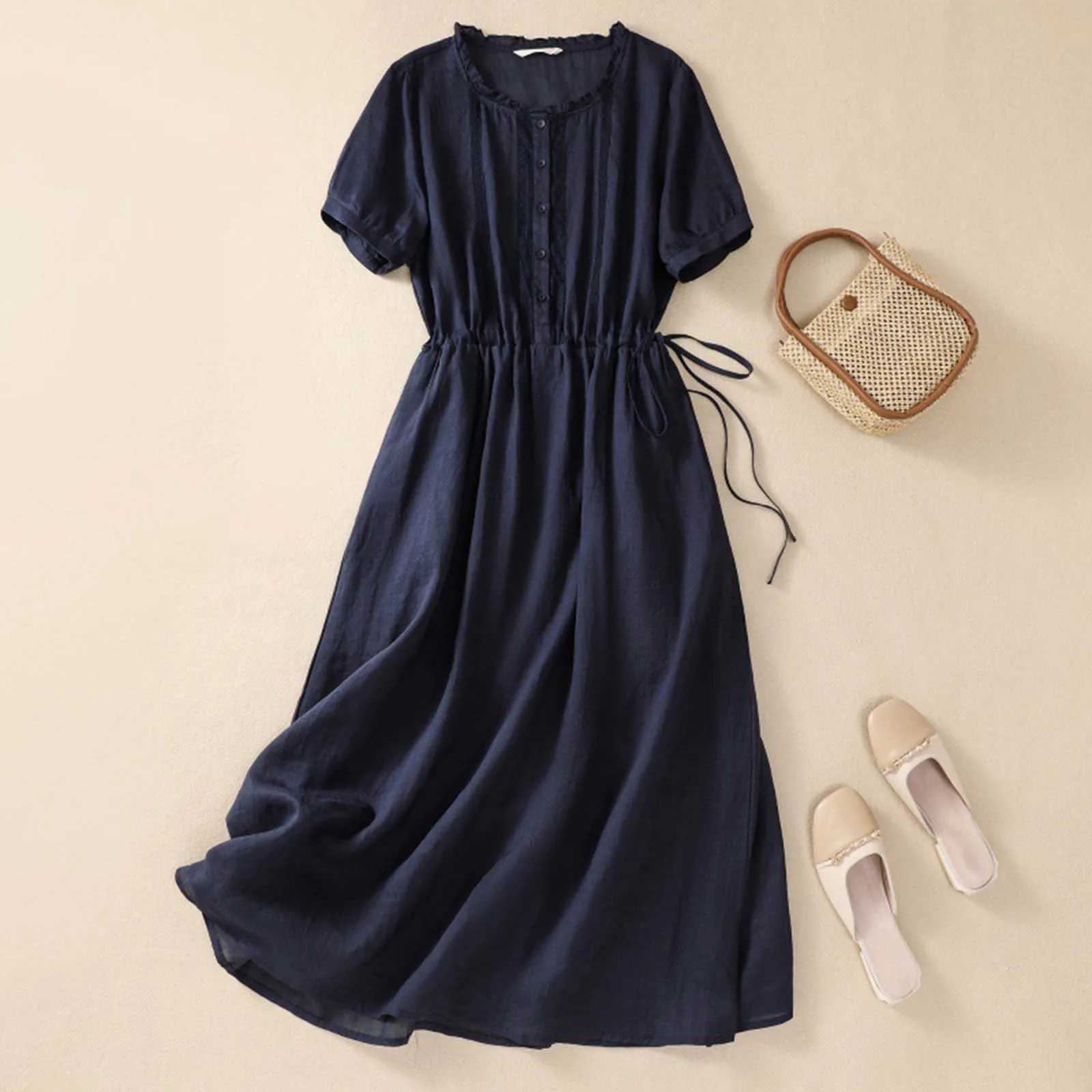 Womens New Cotton And Art Commuting Simple And Solid Color Light And Thin Slimming Mid Length Dress French Dresses for Women