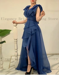 Elegant Long Ruffles Sleeve Prom Dress for Women 2023 Floor Length Pleated Tiered Formal Dress with Split A-Line فساتين السهرة