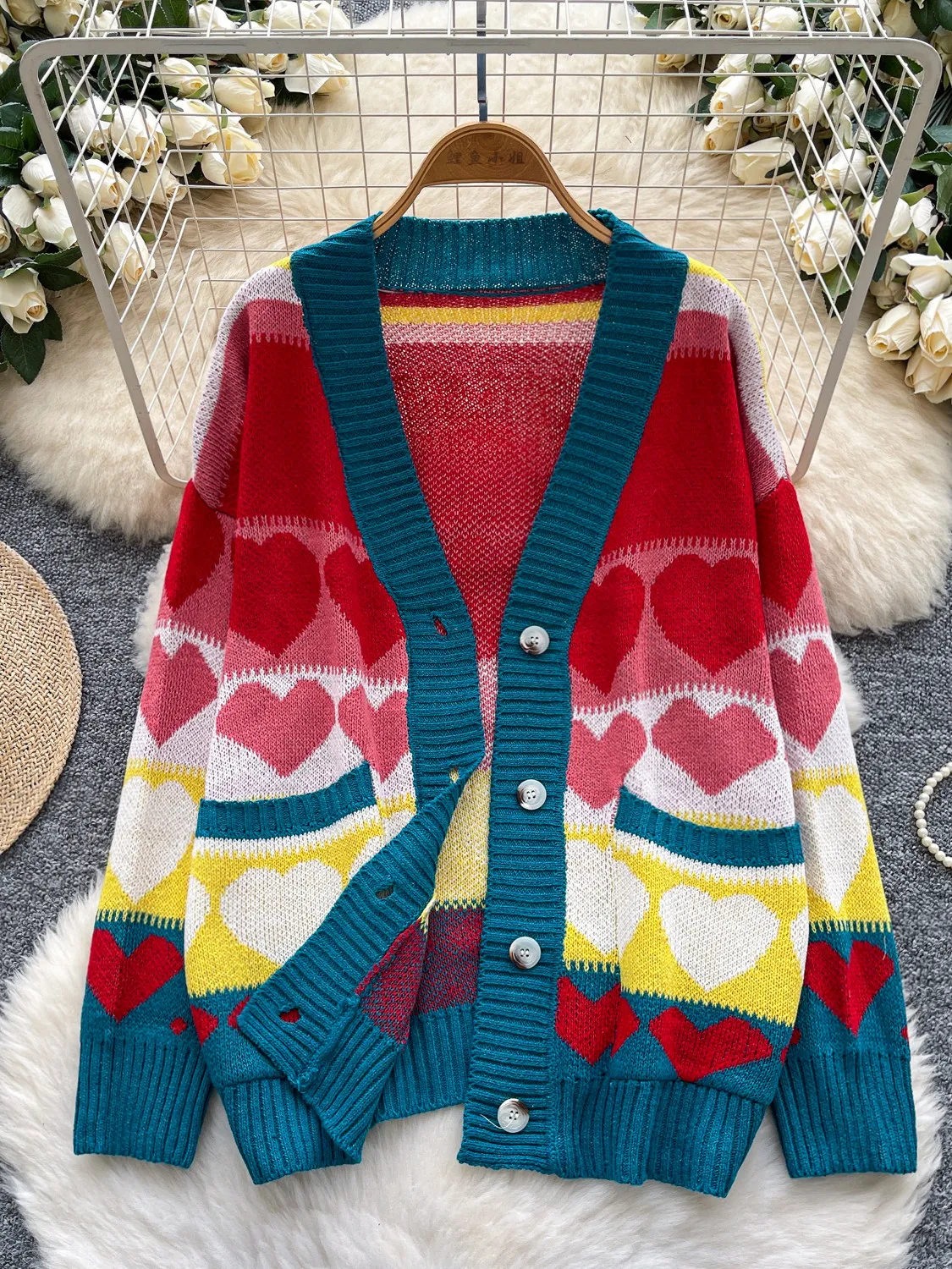 

2026 New Autumn Spring V-neck Long Sleeve Knitted Sweater Colorfull Love Patchwork Single Breasted Loose Cardigan Tops
