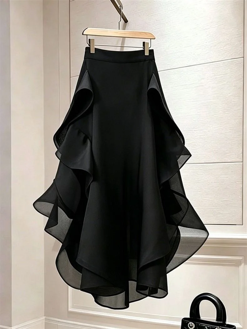 Stunning Black Asymmetrical Hem Blouse Beautiful High Waist A-Line Skirt Fashionable Spring Summer New Arrival Ladies Skirts