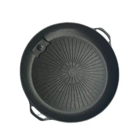 Round Maifan Stone Coated Grill Pan Non-Stick Barbecue Griddle Plate with Dual Handles for Indoor Outdoor Camping BBQ Cooking