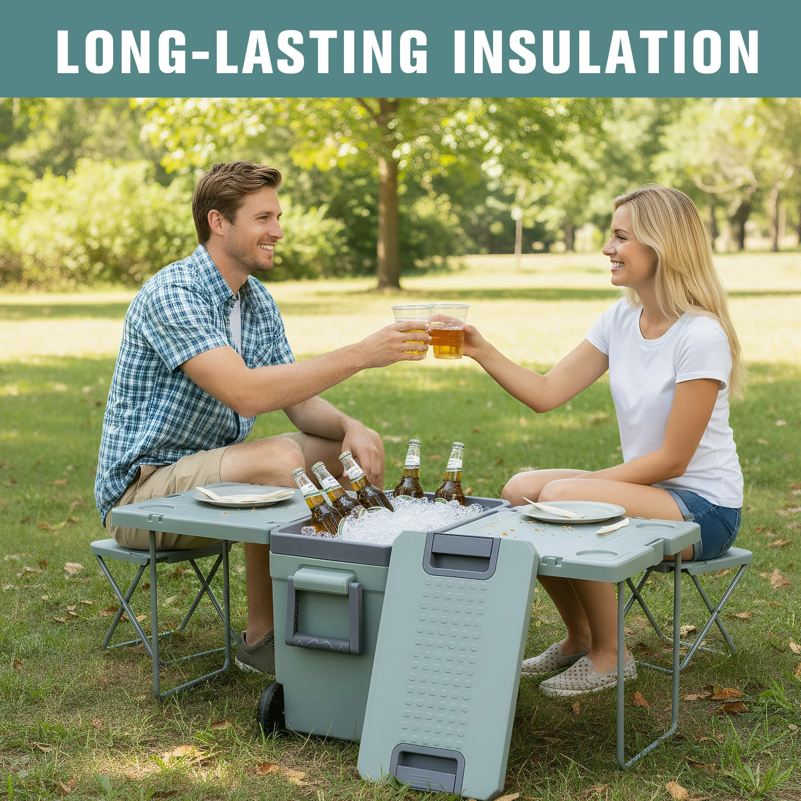 

Ice Chests Portable Camping Cooler with Wheels Holds Ice Up To 24h Outdoor Hard Cooler Leak-Proof for Tailgating Parties Picnics