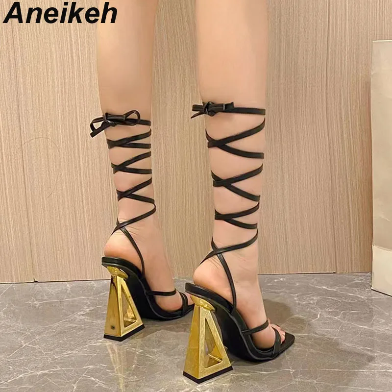 Aneikeh 2024 Summer New Sexy Cross Strap Shaped Heel High Heel Roman Sandals Party Ladies Elegant Dress Pumps Black  Size 35-42