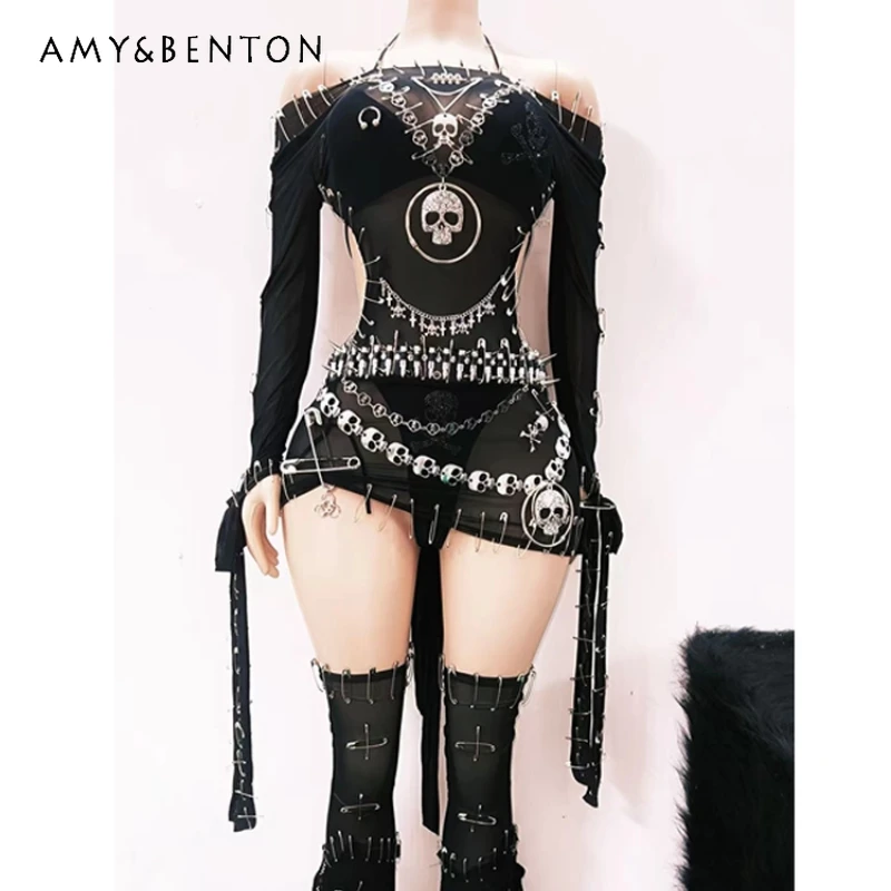

Punk Dark Sweet Cool Halter Women's Dress Original Design 2025 Autumn New Rivet Sexy Hip Bag Skirt Palace Dresses Set Ladies
