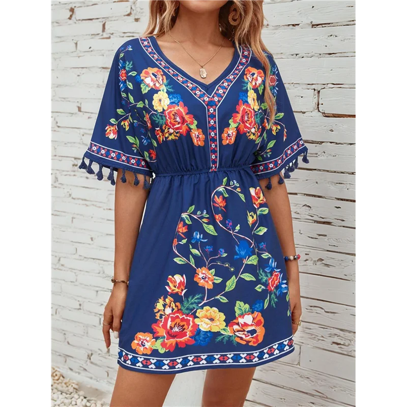 ABRT-Fiesta Haftowana meksykańska sukienka dla kobiet na wakacje na plaży Plus Size Letnie sukienki boho z krótkim rękawem i kieszenią