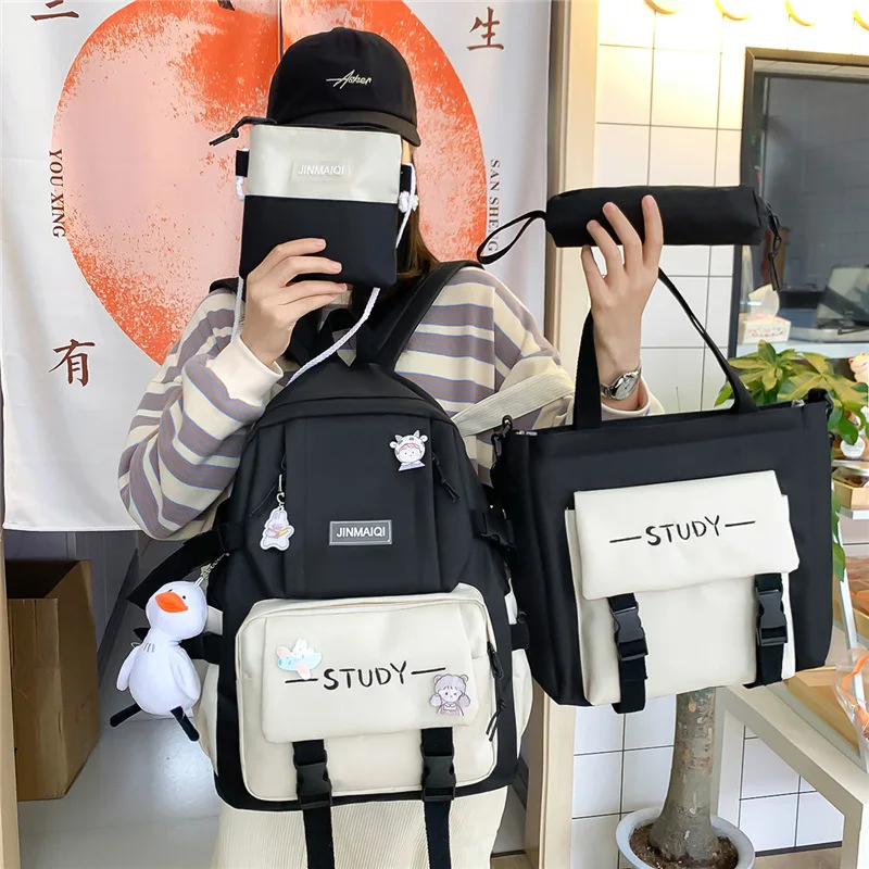 Women Backpack Harajuku Laptop Canvas School Bags For Teenage Girls Kawaii College Student Kids Book Bag Rucksack 4 Pcs Set