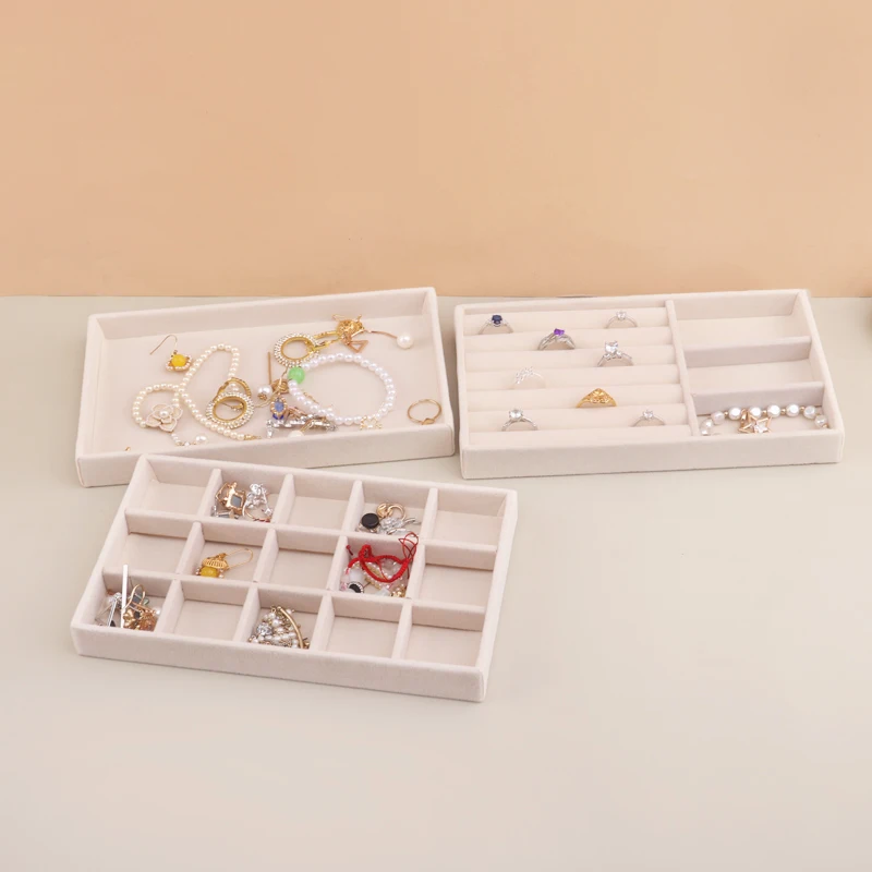 Bandeja de terciopelo para joyería, cajón de almacenamiento, pequeñas cajas y embalaje de joyería Beige apilables, adecuadas para anillos, pendientes, simples y prácticas