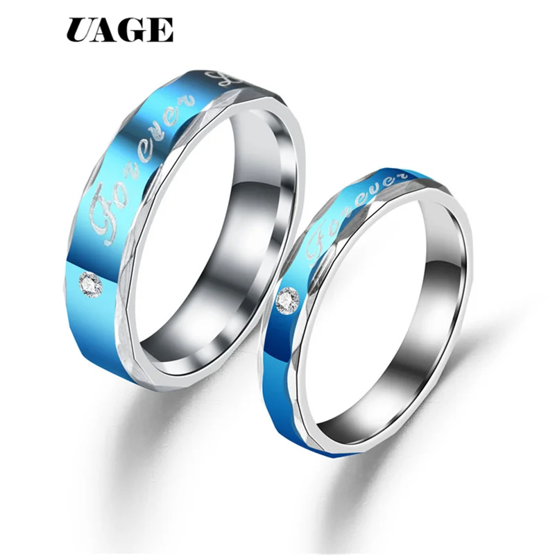 UAGE Blue Romantic forever love Letter Rings for Lovers Wedding Bands Engagement Stainless Steel Ring for Women and Men Jewelry