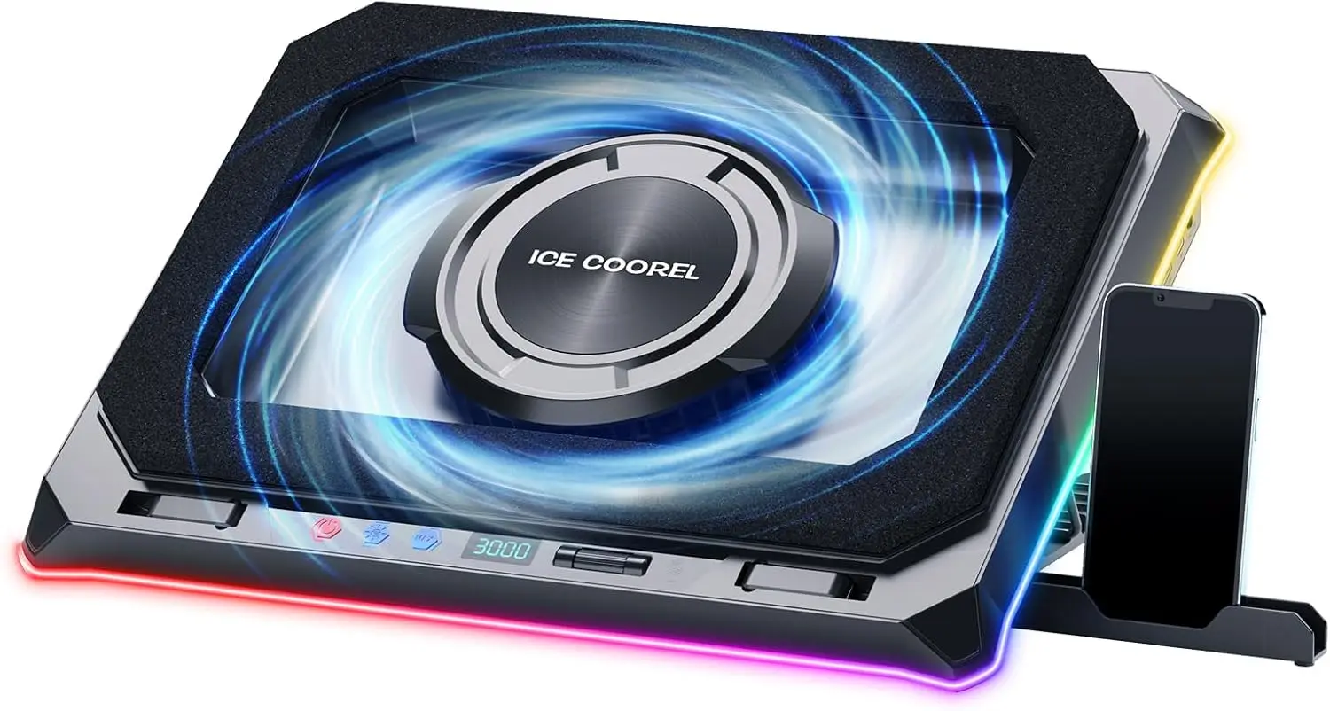 

Powerful Turbofan Laptop Cooling Pad with RGB & LCD, Adjustable Height for 15-21 Inch Laptops, Variable Speed Control