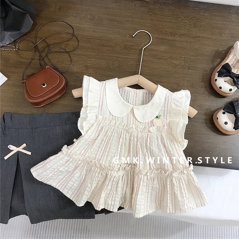 مجموعات الأطفال فتاة الصيف قميص تنورة قصيرة قطعتين تحلق كم موضة المد 2024 رفض طوق مرونة الخصر #3