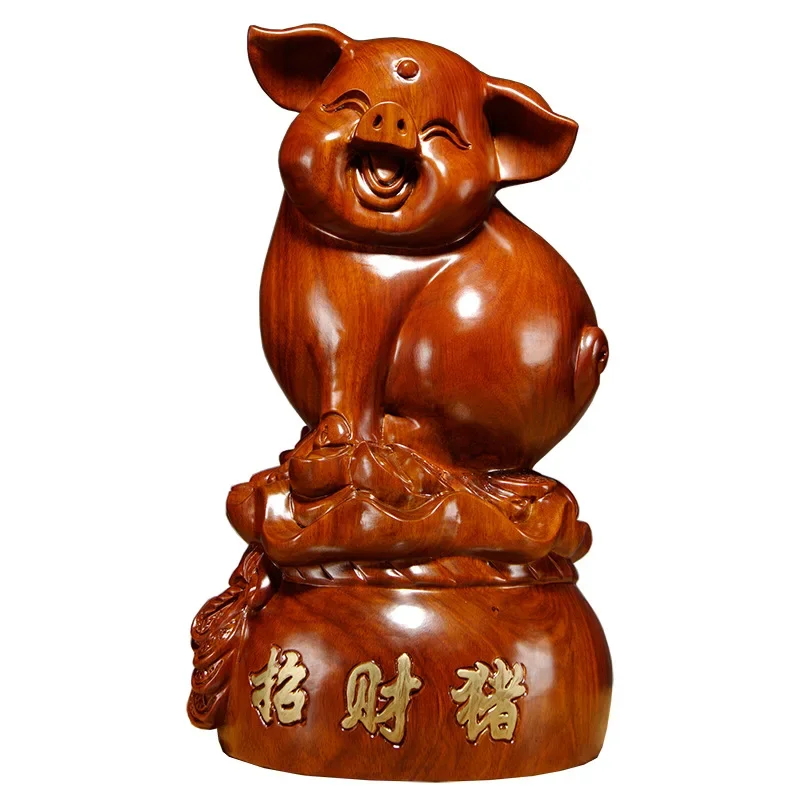 

rosewood, cute smiley pig carving, zodiac ornaments, home living room TV cabinet decoration