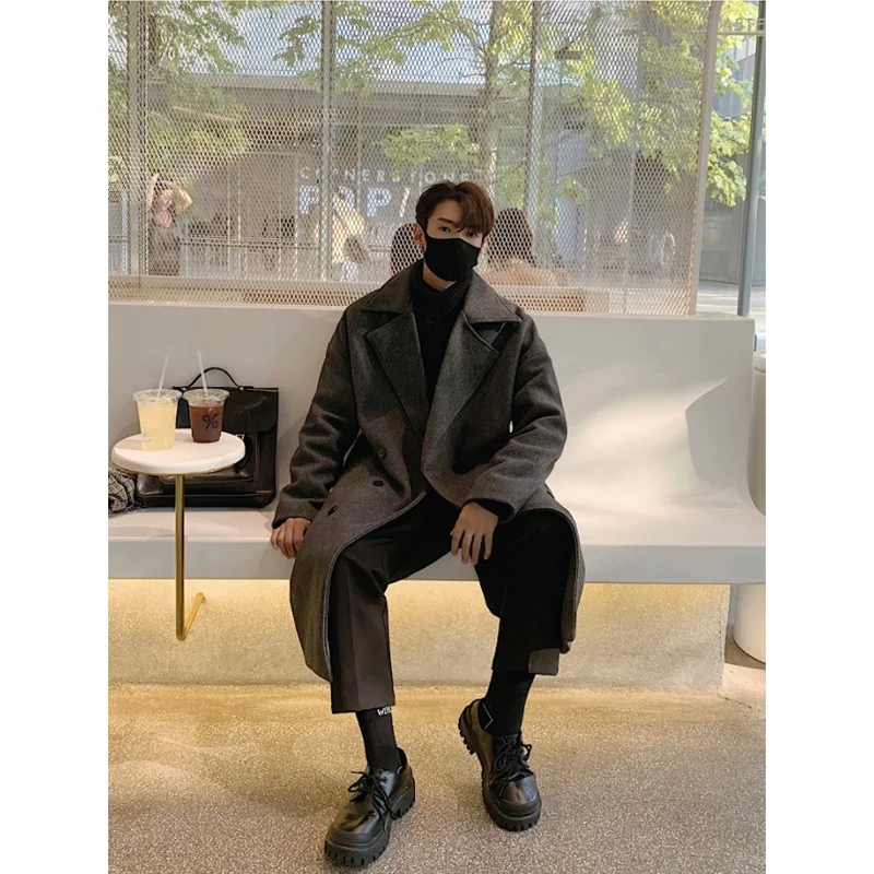 

Корейское мужское зимнее шерстяное пальто средней длины, ветровка, двубортная повседневная модная молодежная трендовая ветровка