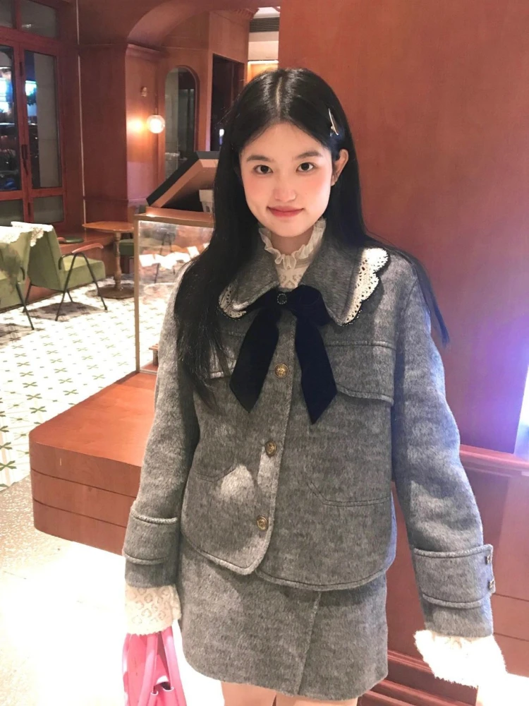 Autumn Korean Style Woolen Long-sleeved Flesh-covering Warm Jacket + Slimming Niche Skirt Two-piece Suit Conjunto Feminino