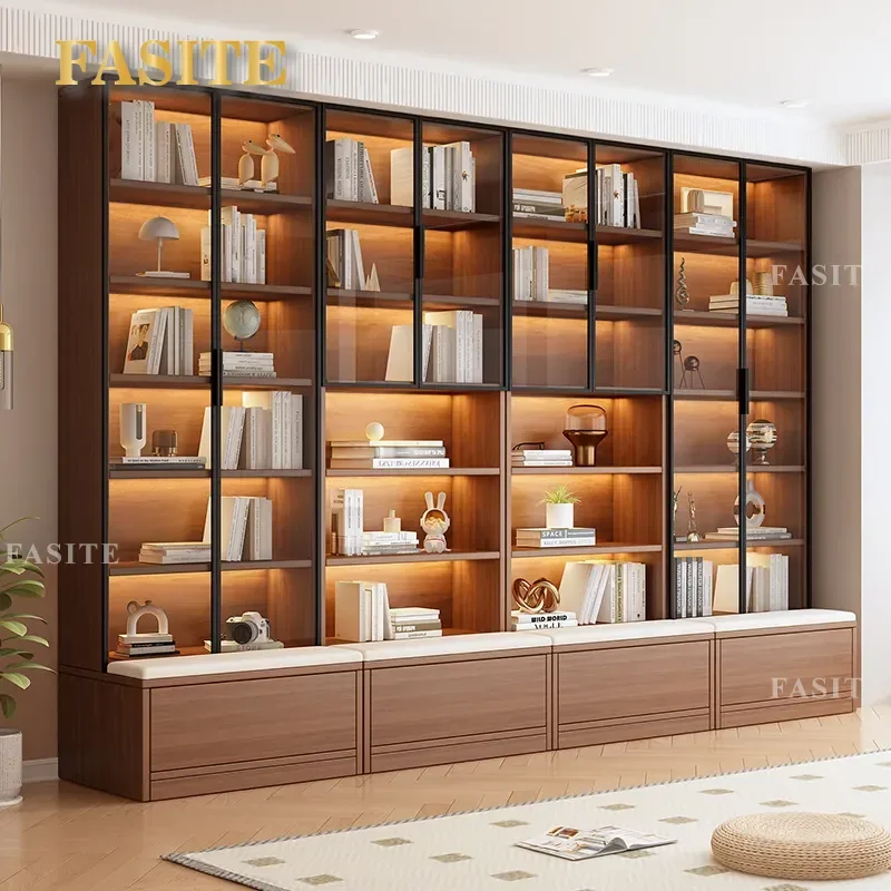 For Living Room Card Seat Bookcase with Glass Door Wine Cabinet Household Integrated Whole Wall Bookshelf Full Height Display