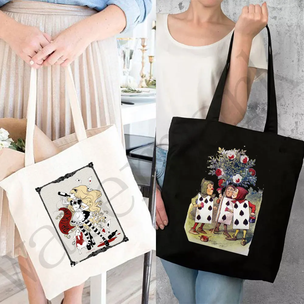 

Alice In Wonderland Canvas Tote Bag Eco Shopping Shoulder Bag for Girl Reusable Double Sided Print Casual Canvas Tote Handbag
