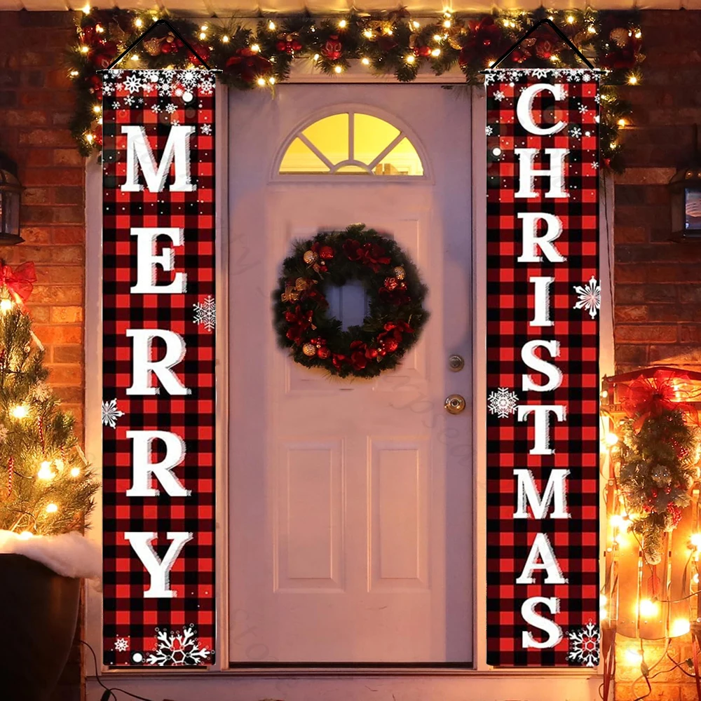Frohe Weihnachten Banner Weihnachtsdekoration Rot Schwarz Kariert Hängende Tür Banner Veranda Schild Set Weihnachten Home Party Dekor Navidad