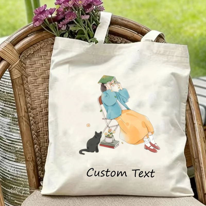 1PC Custom Text Canvas Tote Bag Girl Reading Book Black Cat Print Reusable Shopping Shoulder Bag Personalized Gift