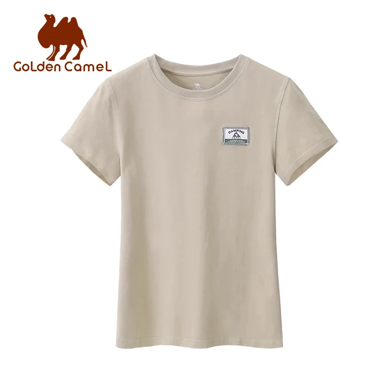 GOLDEN CAMEL Right Shoulder Round Neck T-Shirts Women\'s Shirt 2024 Summer Cotton T Breathable Short Sleeve Casual Sport Slim Top