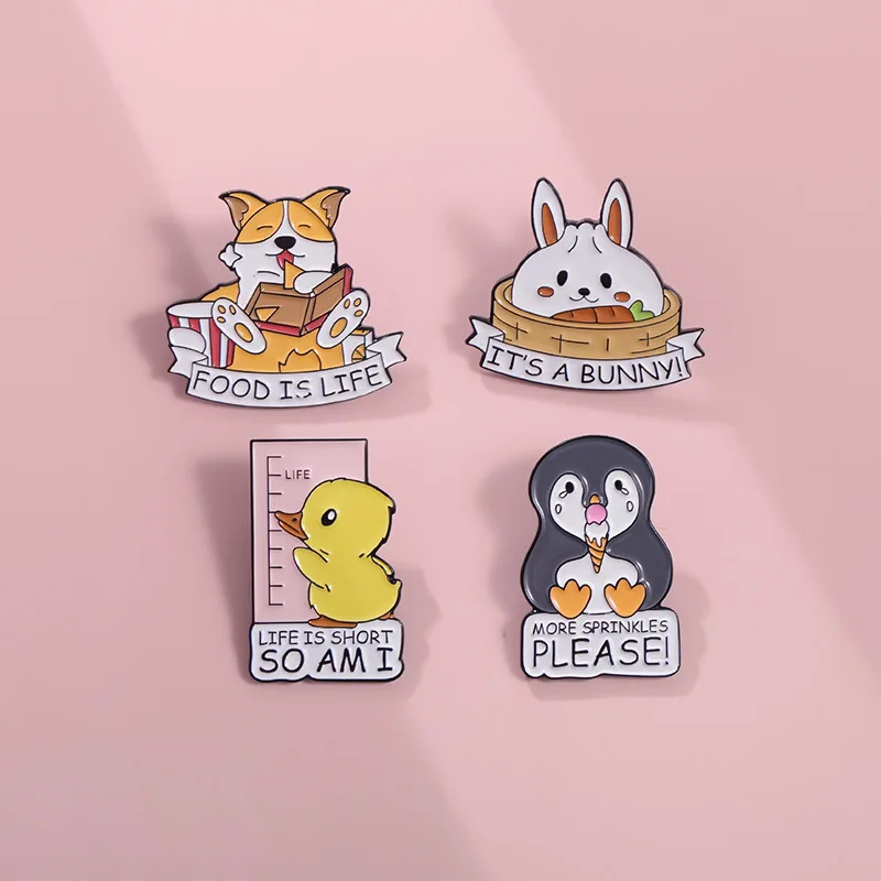 

Cute Bunny Duck Dog Penguin Enamel Pins Cartoon Animal Brooches Food is Life Funny Lapel Badges Backpack Hat Jewelry Wholesale