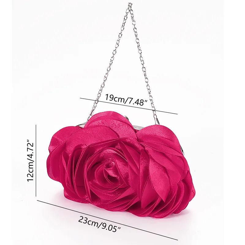 Women Rose Flower Evening Bag Ladies Floral Pink Handbag Bridal Wedding Party Purse Fashion Beatiful Small Day Clutch Chain