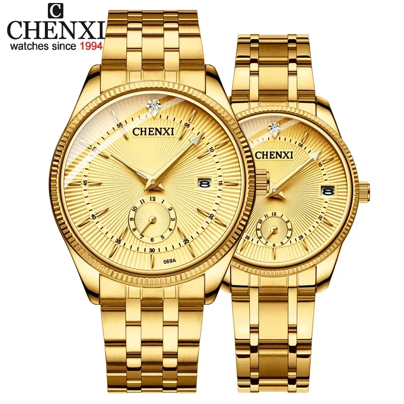 CHENXI 069A Golden Wrist Watch Men Watches Lady Top Brand Luxury Quartz Wristwatch for Lover's Fashion Dress Clock Women