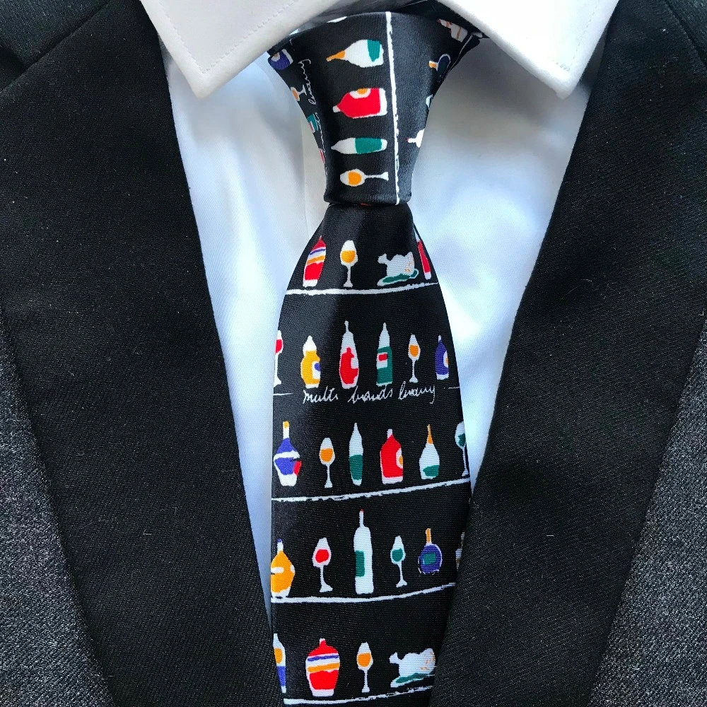 

Men's Tie Wedding Anniversary Clubs Neckties Black with Colorful Wine Cups Printed Neck Ties