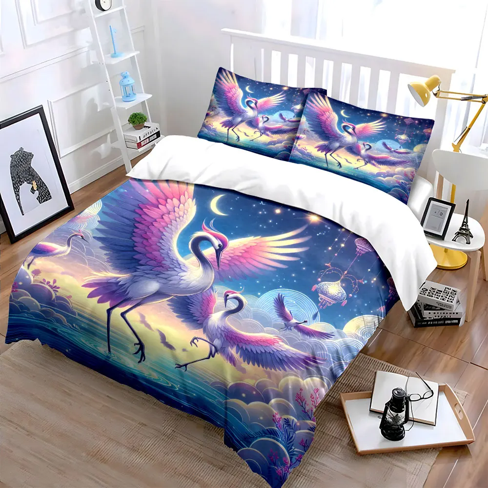 Dancing Cranes Under Dreamy Blue Moon Pattern Duvet Cover Set Digital Print Colorful Polyester Bedding with Zipper Closur