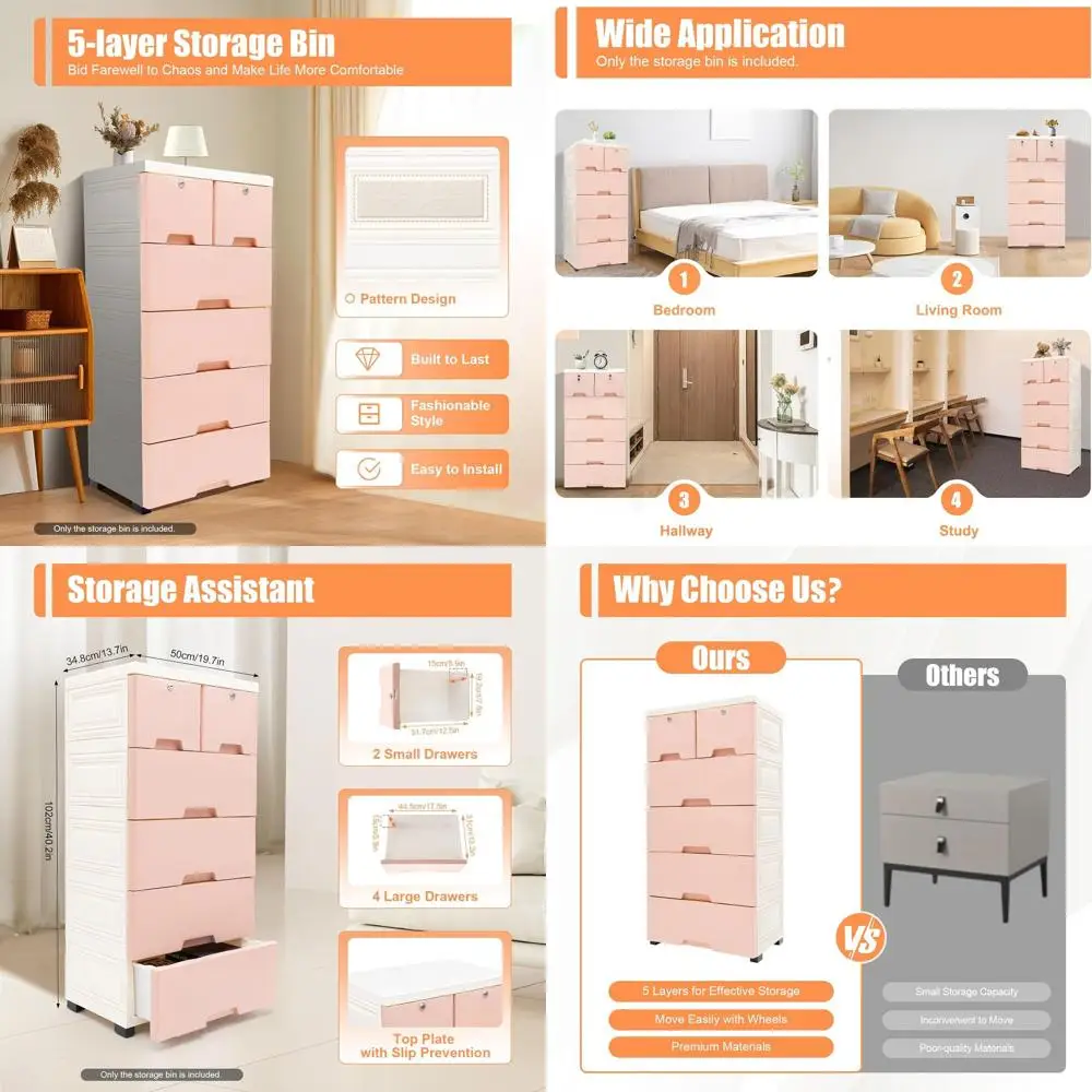 

Мобильный шкаф для хранения с 5 ящиками на колесиках для использования в различных комнатах: офис, спальня, гостиная, кабинет, гардеробная, игровая комната, H