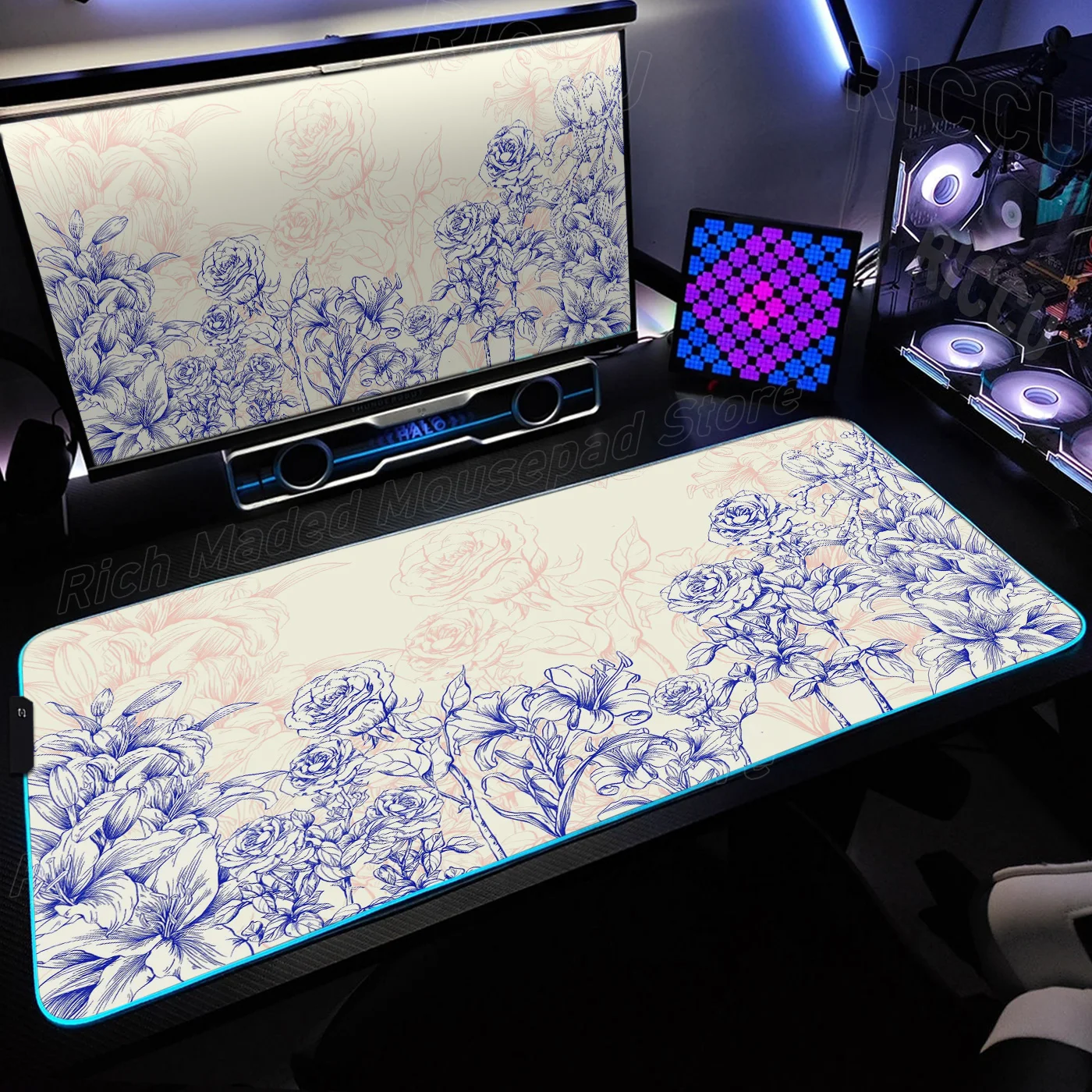 

RGB XXL Line draft flower Retro HD Mouse Pad Large LED Desk Mat Non-Slip Gaming PC Accessories Stitched Edges protective pads