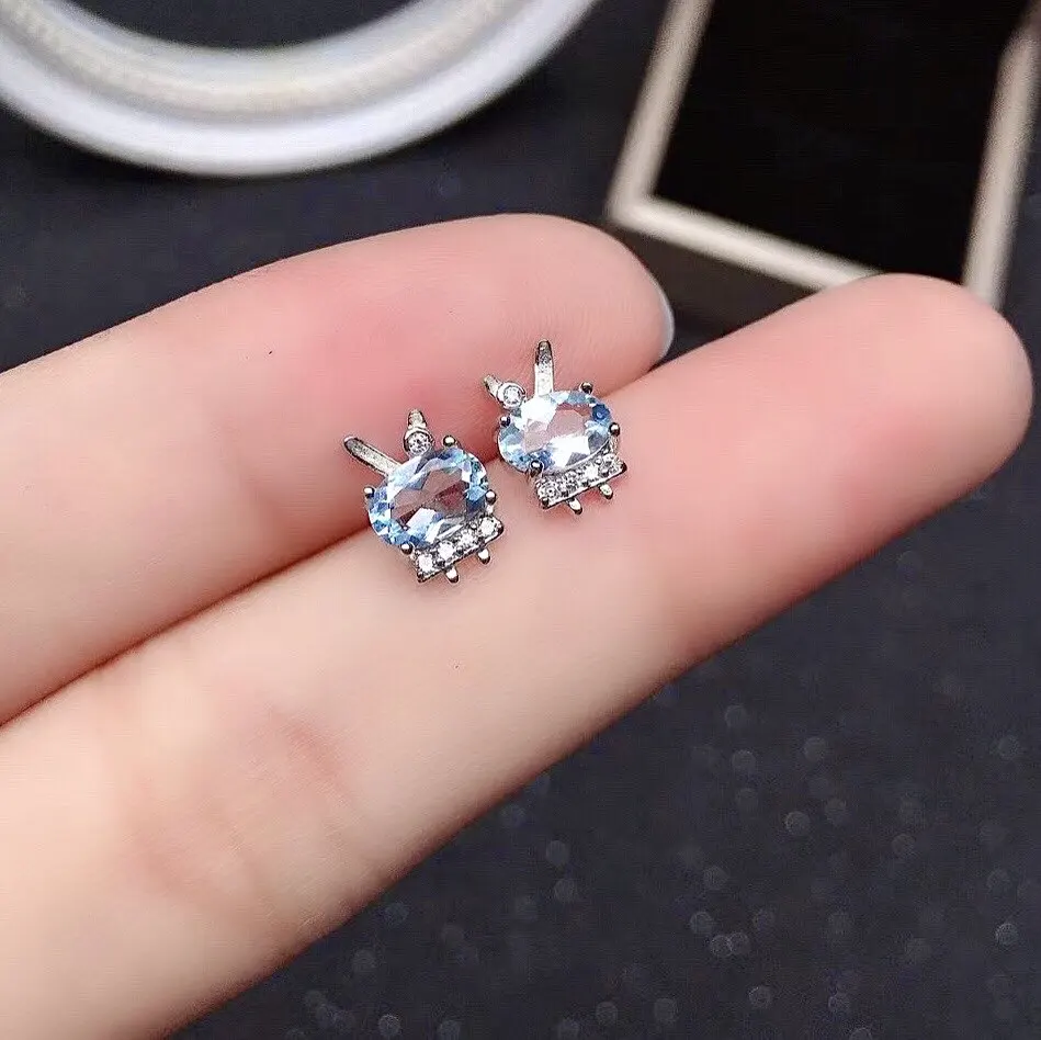 リトルホワイトラビット-スーパースパークリング-ナチュラルアクアマリン-イヤリング-4mm-6mm-ソリッド925シルバー-アクアマリンジュエリーイヤリング-女性用