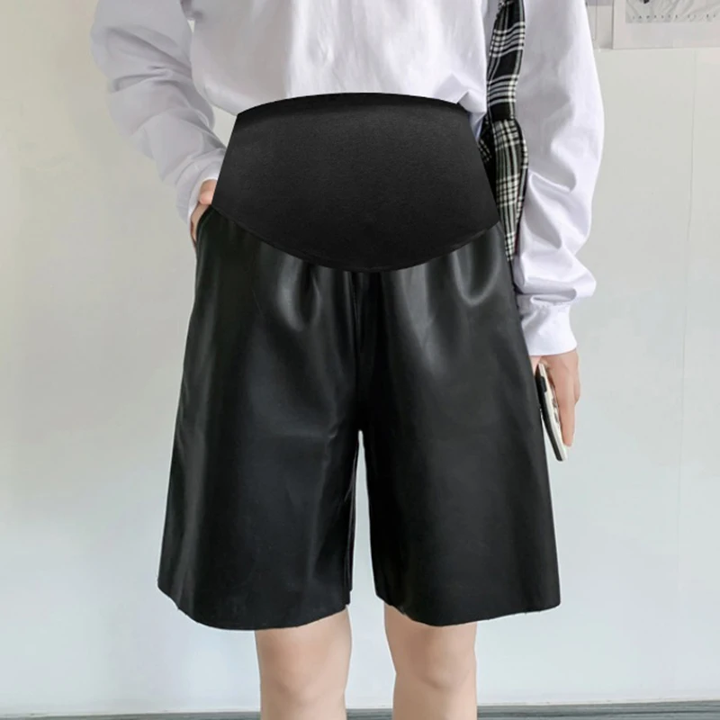 

2024 winter knee-length pregnant women trousers fashion wide-legged joker pu leather pants plus size pregnancy straight shorts