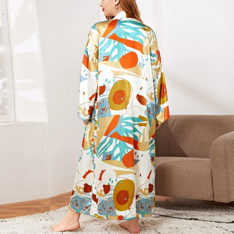Krismile Plus Size Robes Women 2025 Spring Autumn New Print Home Clothes V Neck Soft Breathable Sleepwear Bathrobe with Belt