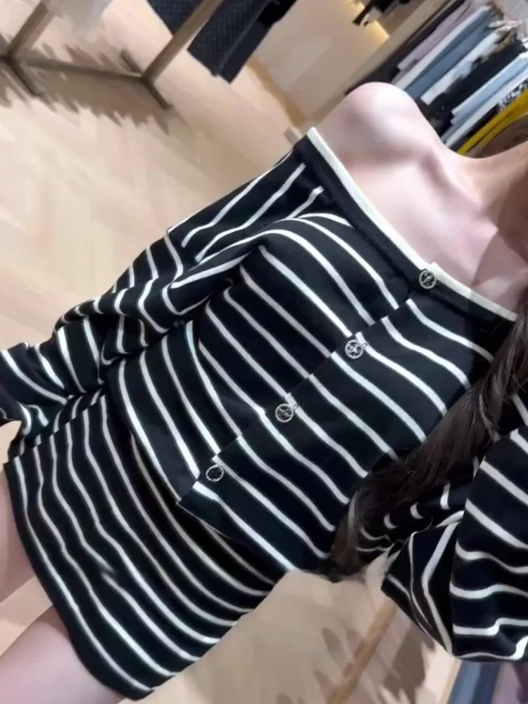 

Korean Striped Set Women's Autumn High-End Feel One-oulder Long Sve Top Small Casual f Skirt Two-Piece Set