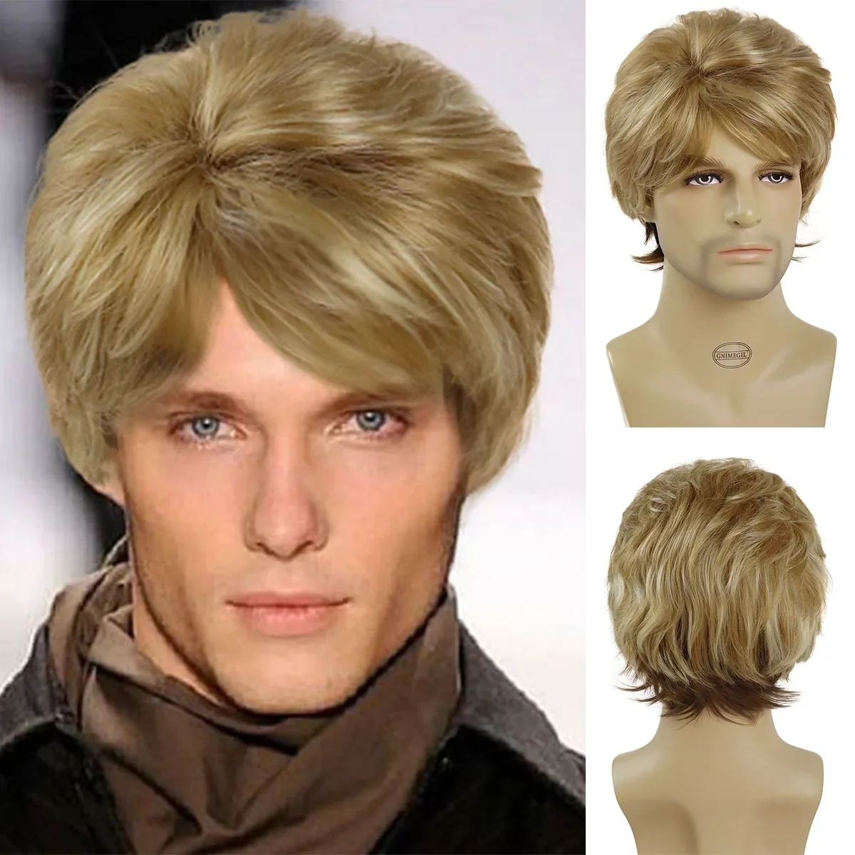 

GNIMEGIL Synthetic Short Male Wig with Bangs Natural Soft Fluffy Hair Daily Cosplay Halloween Party Breathable Blonde Man Wig